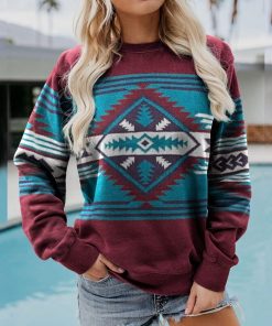 main image1Ethnic Style Women Casual Sweatshirts Hoodies Aztec Print Autumn Ladies Crewneck Pullover Long Sleeve Loose Top