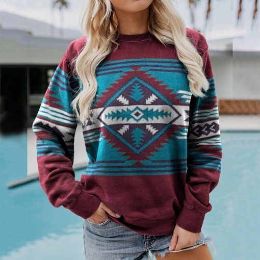 main image1Ethnic Style Women Casual Sweatshirts Hoodies Aztec Print Autumn Ladies Crewneck Pullover Long Sleeve Loose Top