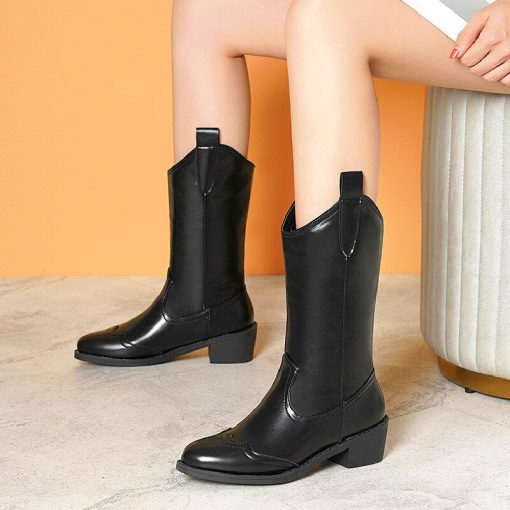 main image1Fashion Women s Boots Pointed Toe Cowboy Western Mid Calf Boots Autum Winter Low Heel Slip