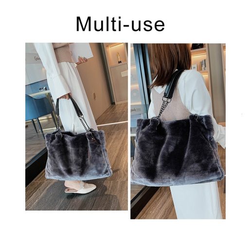 main image1Faux Fur Women Shoulder Bag Casual Plush Lady Tote Handbag Fashion Chain Larger Capacity Shopping Bag