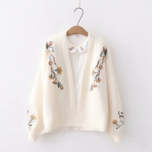 main image1Gagaok Women Knitted Fashion Cardigan Spring Autumn V Neck Lantern Sleeve Embroidery Floral Thick Loose Harajuku