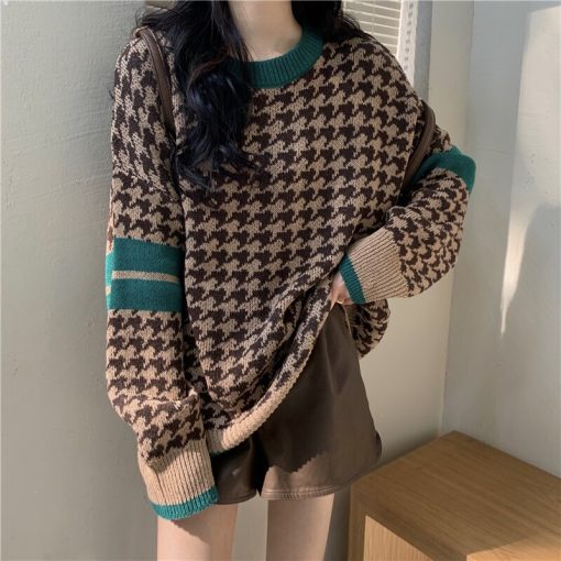 main image1JMPRS Autumn New Round Neck Contrast Color Pullover Tops Women Korean Fashion Drop Shoulder Knitted Sweater