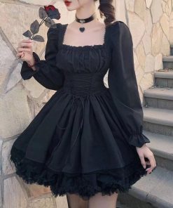 main image1Long Sleeves Lolita Black Dress Goth Aesthetic Puff Sleeve High Waist Vintage Bandage Lace Trim Party