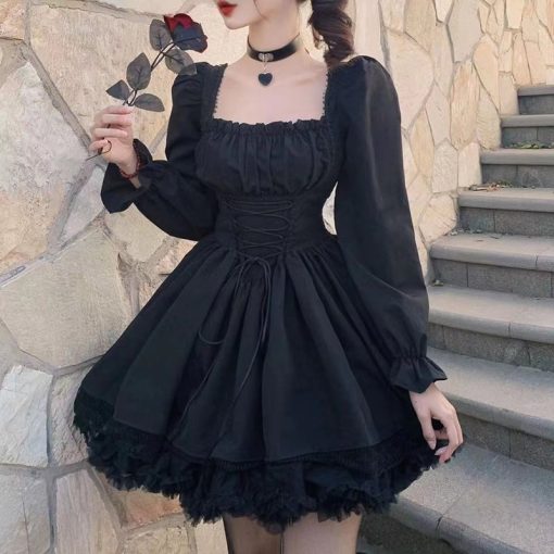 main image1Long Sleeves Lolita Black Dress Goth Aesthetic Puff Sleeve High Waist Vintage Bandage Lace Trim Party