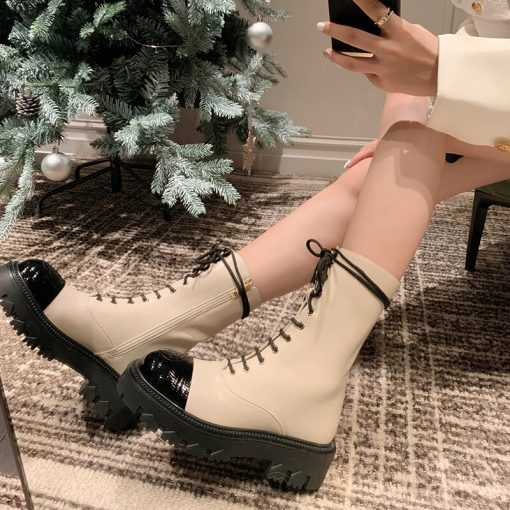 main image1Luxury Brand Genuine Leather Patchwork Lace up Winter Booties Flat Heels Thick Sole Women Ankle Martin