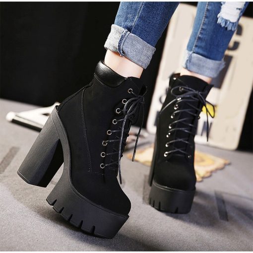 main image1New 2020 Platform Ankle Boots Women Autumn Lace Up Thick High Heel Ladies Woman Fashion Shoes