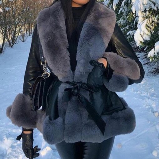 main image1New Women s Winter 2022 Leather Jacket Stitching Faux Fur Collar Cuff Coat Belt Slim Elegant