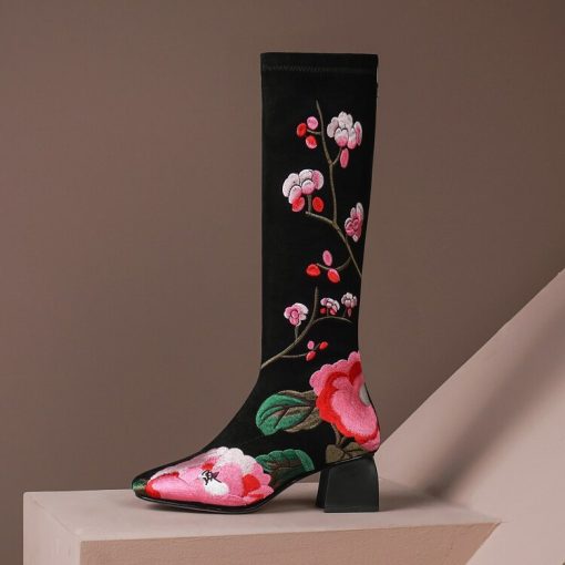 main image1ODS Womens Genuine Leather Boots Printed Floral Mixed Colors Shoes Pointed Toe Fashion High Heels Black
