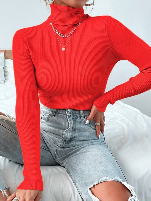 main image1On Sale 2022 Autumn Winter Women Knit Solid Turtleneck Pull Sweater Casual Rib Jumper Tops Female
