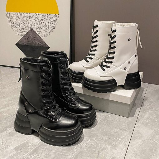 main image1Platform Chunky Boots For Women Lace Up Wedges Ankle Boots Round Toe Fashion Goth Punk Motorcycle