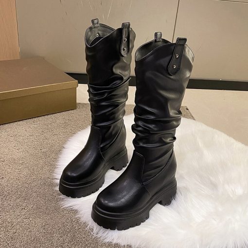 main image1Platform Wedges Knee High Boots For Women Slip On Brand New Motorcycle Boots 2022 Winter Autumn