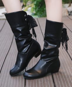 main image1Plus Size 35 43 Women Knee High Boots Back Lace Up Low Heels Winter Shoes Black