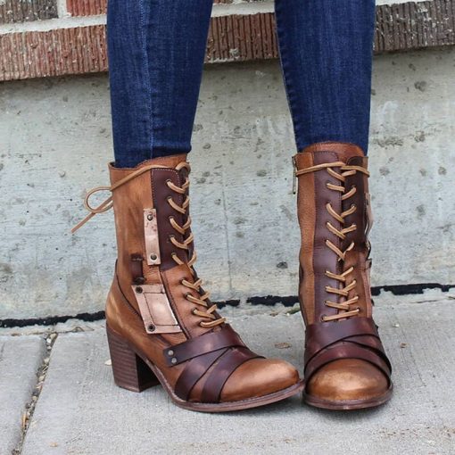 Women’s Winter Vintage Zipper Chunky Heels Leather Boots – Miggon