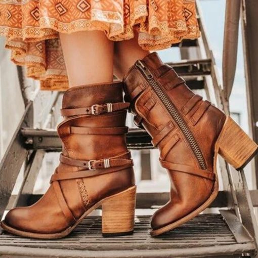 main image1Retro Ankle Boots Square Heel Round Head Zipper Large Size Spring Autumn Women s Roman Fashion