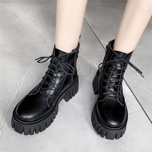 main image1Rimocy 2022 New Women White Ankle Boots PU Leather Thick Sole Lace Up Combat Booties Female