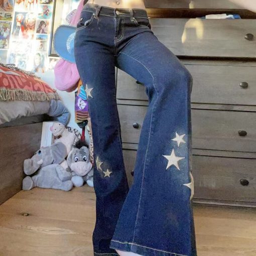 main image1Star Printed Streetwear Y2K Jeans Woman Vintage Low Waist Pockets Blue Denim Skinny Flare Jeans Women