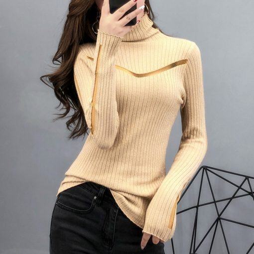 main image1Turtleneck Sweater Slim Female Sexy Long Sleeved Perspective Net Yarn Splicing Knitwear Bright Pull Ladies Sweaters