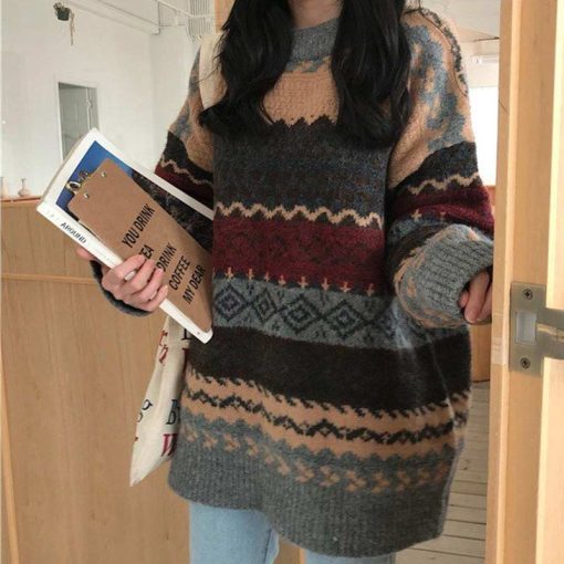 main image1Vintage Sweaters Women Pullover Winter Striped Jumpers Korean Style Loose Pullover Knitwear Casual Loose Sweater Pull