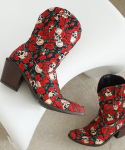 main image1Western Boots For Women Ankle Short Boots Flower Print Fashion Chunky Heel Slip On Vintage Cowboy