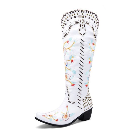main image1Western Cowboy Sewing Floral Winter Boots For Women 2022 Lace Studded Cowgirl Retro Vintage Embroidery Women