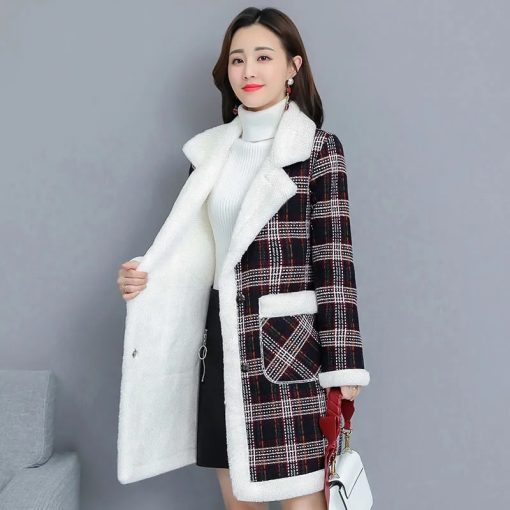 main image1Winter Korean Plus velvet Thicken Women s Jacket Warm Loose Plaid Long Outerwear Faux Lamb velvet