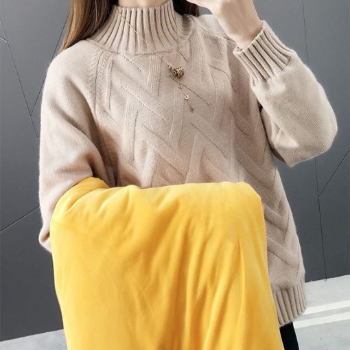 main image1Winter Thicken Plus Velvet Sweaters For Women Casual Warm Knit Pullovers Korean Fleece Lined Knitwear Ribbed