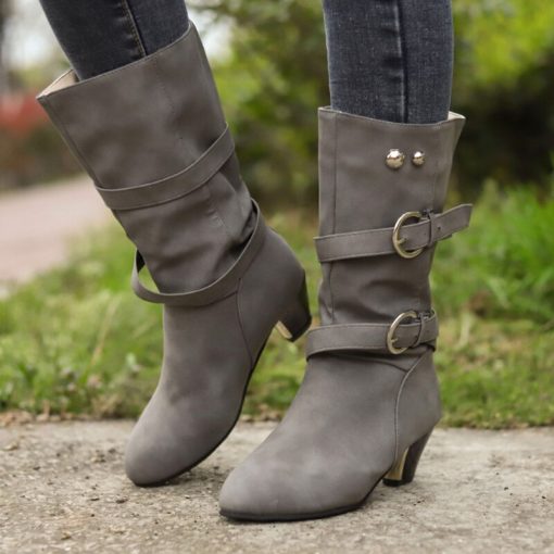 main image1Winter Women Boots Retro Pu Leather Buckle Slip On Mid Calf Boots Ladies Casual Solid Color