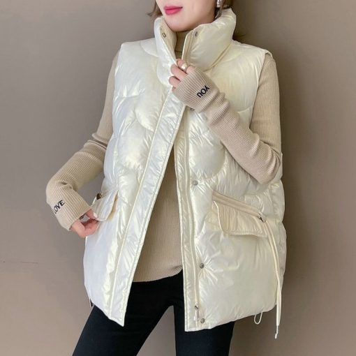 main image1Women Stand Collar 2022 New Short Bright Color Cotton Padded Jacket Sleeveless Female Winter Waistcoat Coat