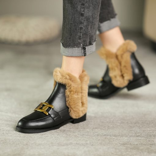 main image1Women Winter Boots Real Leather Women Fluffy Flat Booties Ladies Metal Buckles Furry Shoes Warm Rabbit