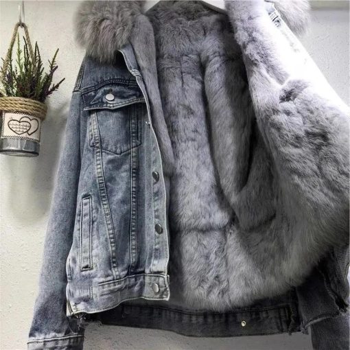 main image1Women Winter Warm Basic Coat Big Fur Collar Denim Jacket Female Cold Motorcycle Jackets Outerwear Fleece