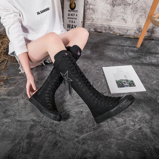 main image1Women s Shoes Ladies Canvas Boots Casual Flat Shoes Sequins Tassels Zipper Boots Comfortable Vulcanized Sneakers