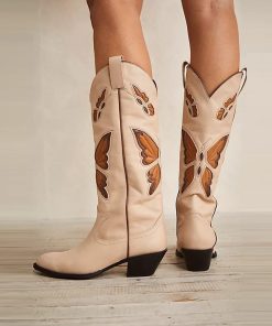 main image1Womens Cowboy Cowgirl Mid Calf Boots Butterfly Embroidered Pointed Toe Stacked Heel Autumn Winter Slip On