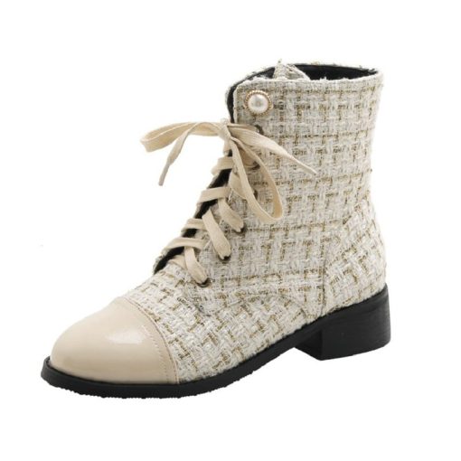 main image1ZawsThia Winter Autumn Round Toe Square Heels Lace up Tweed Checked Plaid Luxury Martin Women Ankle