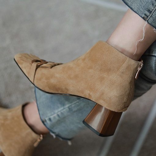 main image22021 Autumn Winter Women Boots Sheep Suade Round Toe Square Heel Mid Heel Ankle Boots Fringed