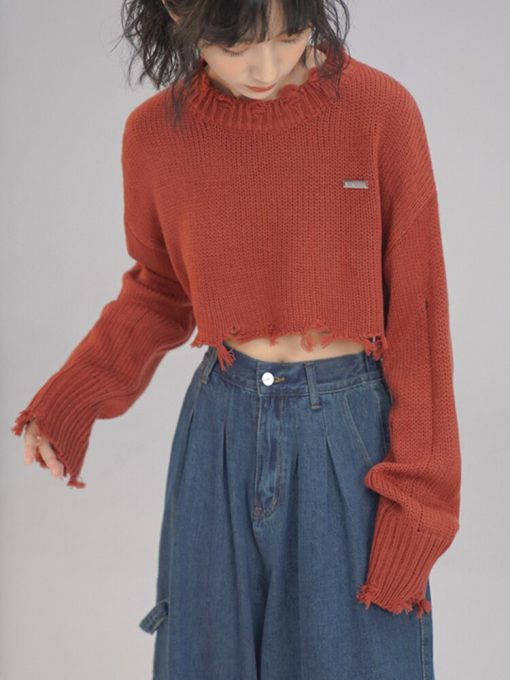 main image22022 Autumn Winter Korean Fashion Women Crop Tops Long Sleeve O Neck Sweater Solid Color Knitwear
