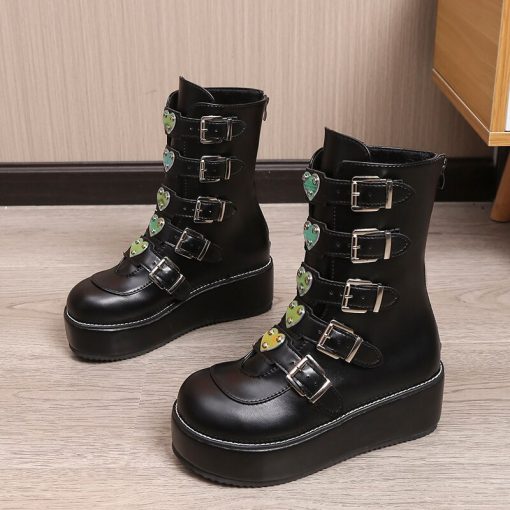 main image22022 Hot Brand INS Demonias Shoes Platform Heart Buckle Wedges High Heels Motorcycle Mid Calf Boots