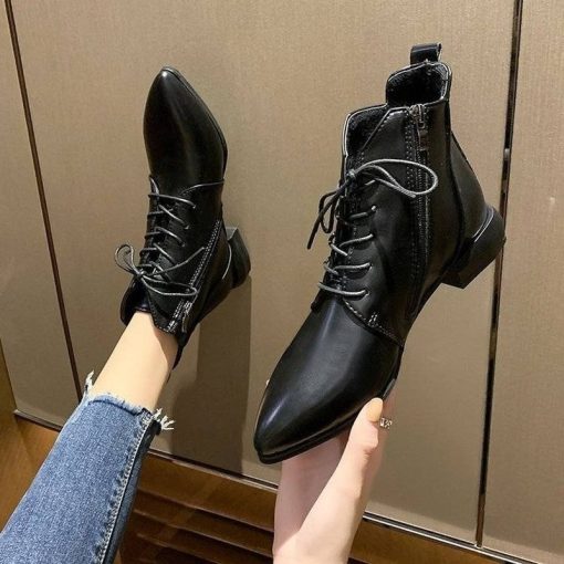 main image22022 Pointed Ankle Boots Autumn Winter Fashion Thick Heel Platform Shoes Lace Up British Style Pointed