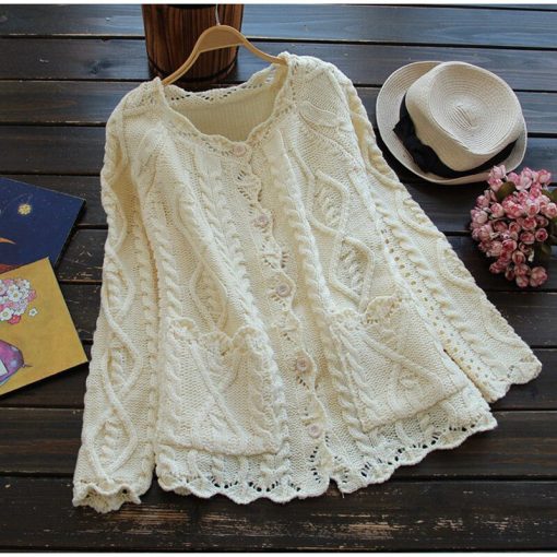 main image22022 Spring Autumn Mori Girl Style Women Cardigan Solid Twist Howllow Out Crochet Cotton Knitted Sweater