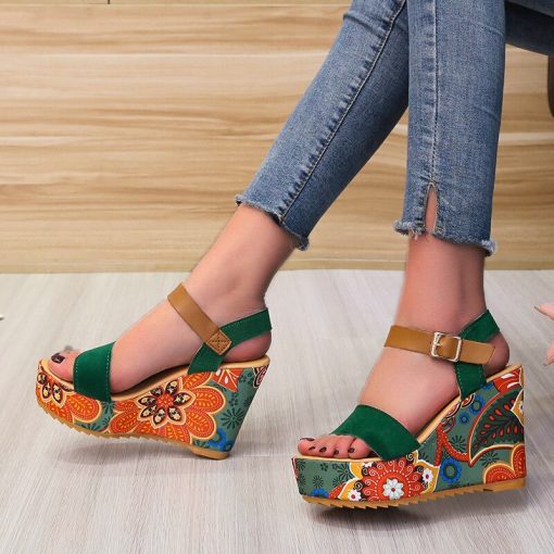 main image22022 Summer Wedge Sandals for Women Retro Ethnic Print Platform Shoes Ladies Casual Ankle Buckle Comfortable