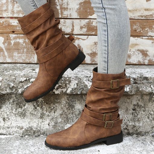 main image22022 Women Boots Leather Round Toe Retro Buckle Mid Calf Boots Fashion Low Heel Motorcycle Booties