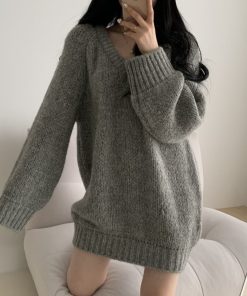 main image22022 Women V neck Pullovers Simple Loose O Neck Oversize Autumn Sweaters Knitted Korean Fashion Long