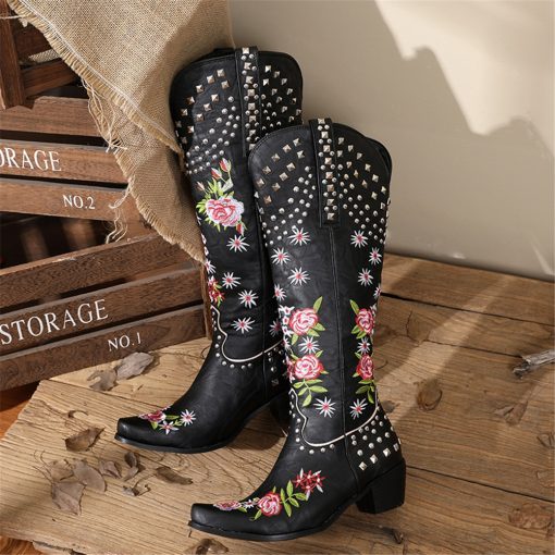 main image2AOSPHIRAYLIAN Western Cowboy Sewinig Floral Boots For Women 2022 Lace Studded Cowgirl Retro Vintage Embroidery Women