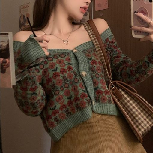 main image2Autumn Sexy Retro Square Floral Cropped Cardigan Knitted Top Slim Pull Femme Jumpers Single breasted Jacquard