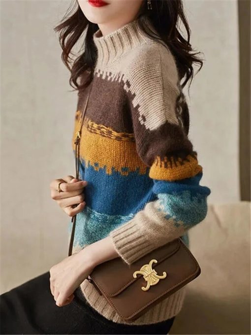 main image2Autumn and Winter New Sweater Women s Half Turtleneck Rainbow Striped Knitted Top Pullover Loose Fashion
