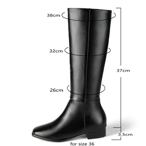 main image2Black White Women Knee High Boots Comfortable Square Heel Round Toe Calf Boots Side Zipper Short