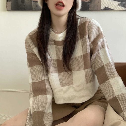 main image2Cropped Sweater Korean O neck Plaid Printing Preppy Style Pullover Sweater Women Simple Sweet Sweaters For