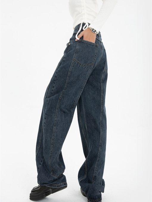main image2Dark Blue Womens Jeans High Waist Vintage Straight Baggy Denim Pants Streetwear American Style Fashion Wide