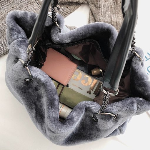 main image2Faux Fur Women Shoulder Bag Casual Plush Lady Tote Handbag Fashion Chain Larger Capacity Shopping Bag