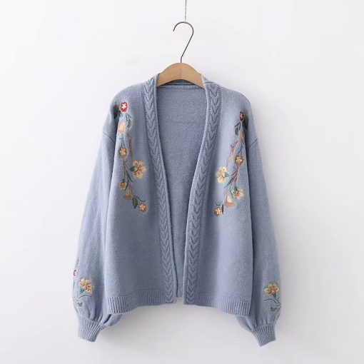 main image2Gagaok Women Knitted Fashion Cardigan Spring Autumn V Neck Lantern Sleeve Embroidery Floral Thick Loose Harajuku