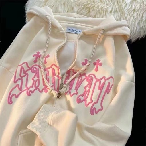 main image2Goth Embroidery Hoodies Women High Street Harajuku Retro Hip Hop Zip Up Hoodie Loose Man Sweatshirt